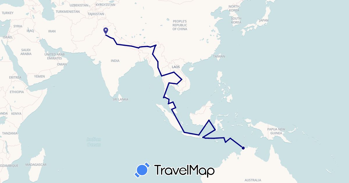 TravelMap itinerary: driving in Australia, Bhutan, Indonesia, India, Cambodia, Laos, Myanmar (Burma), Malaysia, Nepal, Thailand, East Timor (Asia, Oceania)